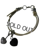 【送料無料】【flower storm】ハート＆クロスチャーム牛革紐ブレスレット★ 牛革×ブラックオニキス×A級ガラスストーン使用（革ひもアクセサリー）  ☆ポーチ付き Blackonyx Blackchalcedony