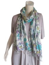 【薄手ストール】コットン100％ しわ加工 エスニック フラワープリントストール 3色