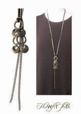 【送料無料】【レザーネックレス】◆flower storm◆メタルリングとチェーンのレザーネックレス アンティークブロンズ（革紐ロングネックレス メンズ/レディース）