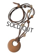 【送料無料】【レザーネックレス】◆flower storm◆ウッドリング＆クリスタルビーズ革紐ロングネックレス（メンズ/レディース）