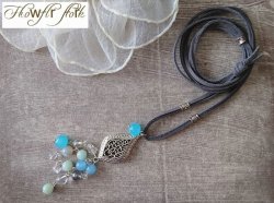 画像4: 【送料無料】【レザーネックレス】◆flower storm◆アマゾナイト、アクアオーラなど6種14石の天然石が輝く革紐ロングネックレス (縞瑪瑙 ブルージェイド 水晶 エスニック)