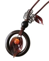 【送料無料】【レザーネックレス】◆flower storm◆キャッツアイの実をつけたリーフ＆ウッドのオータムカラー革紐ロングネックレス（猫目石 パワーストーン メンズ レディース）