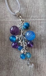 【送料無料】【レザーネックレス】◆flower storm◆2月誕生石アメジスト＆ブルーストライプアゲート大粒12mm玉使用した革紐ロングネックレス ケース付（天然石 パワーストーン 紫水晶 青縞瑪瑙 半貴石）