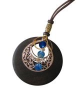 【送料無料】【レザーネックレス】◆flower storm◆ 天然石ブルーストライプアゲート、ウッド＆メタルパーツ使い革紐ネックレス  （エスニック ボヘミアン パワーストーン 縞瑪瑙 グリーンアベンチュリン 日本製） 