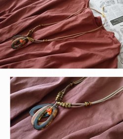 画像6: 【送料無料】【レザーネックレス】◆flower storm◆ 【送料無料】約5cm大ぶり楕円形チャーム&オーロラ加工ガラス製ビーズ セミロングネックレス(アクセサリー ウッドパーツ ナチュラル)