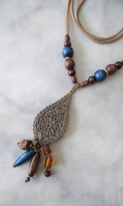 画像6: 【送料無料】【レザーネックレス】◆flower storm◆ウッドビーズ＆透かしメタルパーツ革紐ロングネックレス （アクセサリー エスニック 木製 日本製 ）