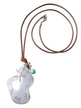 【送料無料】【ワックスコードネックレス】◆flower storm◆長さ70cm 白い波、ヒトデ、天然石ターコイズのロングネックレス（アクセサリー 海 夏 パワーストーン レディース  日本製）