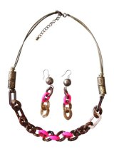 【送料無料】【ワックスコードネックレス】◆flower storm◆長さ51cm カーキブラウン×ショッキングピンクのアクリルチェーン ネックレス ピアス付き（アクセサリー フォークロア エスニック ボヘミアン  民族調 春夏 レディース 日本製）