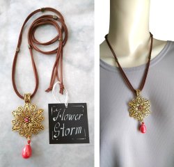 画像6: 【送料無料】【レザーネックレス】◆flower storm◆エスニックフラワー&上質しずくチャームの革紐ロングネックレス (アクセサリー アジアン フォークロア ターコイズ チェコビーズ 雫パール 日本製 レディース)