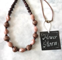 画像4: 【送料無料】【ワックスコードネックレス】◆flower storm◆長さ約70cm 小粋な縞柄ウッド＆艶アクリルビーズのロングネックレス ブラウン 縞柄球形（アクセサリー 木製 樹脂 横縞模様 和 日本製）