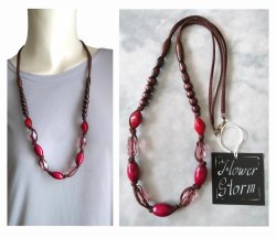 画像5: 【送料無料】【レザーネックレス】◆flower storm◆長さ約74cm 大振り ウッドとアクリルビーズのロングネックレス ローズレッド(アクセサリー 木製 樹脂 日本製)