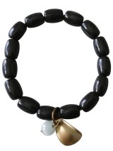【送料無料】◆flower storm◆数珠ブレス 軽さとカジュアル感が魅力 ウッドビーズとキャッツアイ、リーフチャームのブレスレット ブラック（アクセサリー 腕輪 木製 猫目石 人工石 パワーストーン 葉っぱ 自然素材 日本製 メンズ レディース）