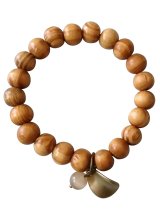 【送料無料】◆flower storm◆数珠ブレス 軽さとカジュアル感が魅力 ウッドビーズとキャッツアイ、リーフチャームのブレスレット ライトブラウン縞入り（アクセサリー 腕輪 木製 猫目石 人工石 パワーストーン 葉っぱ 自然素材 日本製 メンズ レディース）