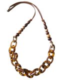 【送料無料】【ワックスコードネックレス】◆flower storm◆大ぶり アクリルパーツ＆ウッドビーズのロングネックレス Brown×Gold 長さ75cm（アクセサリー ボリューム 日本製 ）