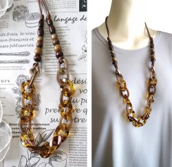 画像7: 【送料無料】【ワックスコードネックレス】◆flower storm◆大ぶり アクリルパーツ＆ウッドビーズのロングネックレス Brown×Gold 長さ75cm（アクセサリー ボリューム 日本製 ）