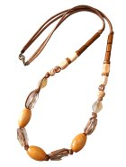 他の写真1: 【送料無料】◆flower storm◆長さ約72cm 大振り ウッドとアクリル、水牛ビーズの 革紐ロングネックレス ライトマスタード×ブラウン（アクセサリー レザーネックレス 木製 樹脂 バッファローホーン 天然素材 日本製）