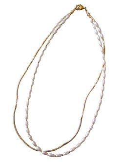 画像1: 【送料無料】◆flower storm◆長さ約46cm ホワイトパール＆ゴールドメタルパーツの２連ネックレス  (アクセサリー フェイクパール 真鍮ビーズ TOHOビーズ 日本製 レディース メンズ ）