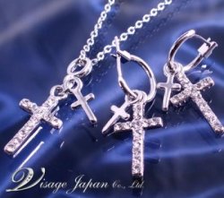 画像1: 【VISAGE】プラチナ仕上げCross♪ネックレスピアスセット！ゴージャスライン/ダブルクロス