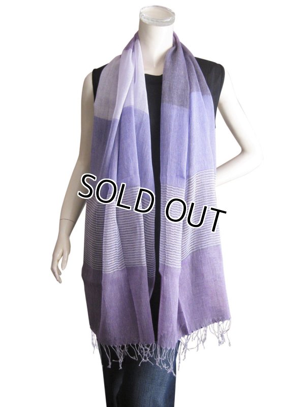 画像3: 【薄手ストール】リネン綿混 ボーダー柄ロングストール ラベンダー（紫外線対策 UV対策 日除け 冷房対策）