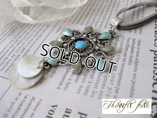 画像5: 【送料無料】【レザーネックレス】◆flower storm◆エスニックフラワー＆天然貝チャームの革紐ロングネックレス ２色展開（アジアン シェル ラインストーン）