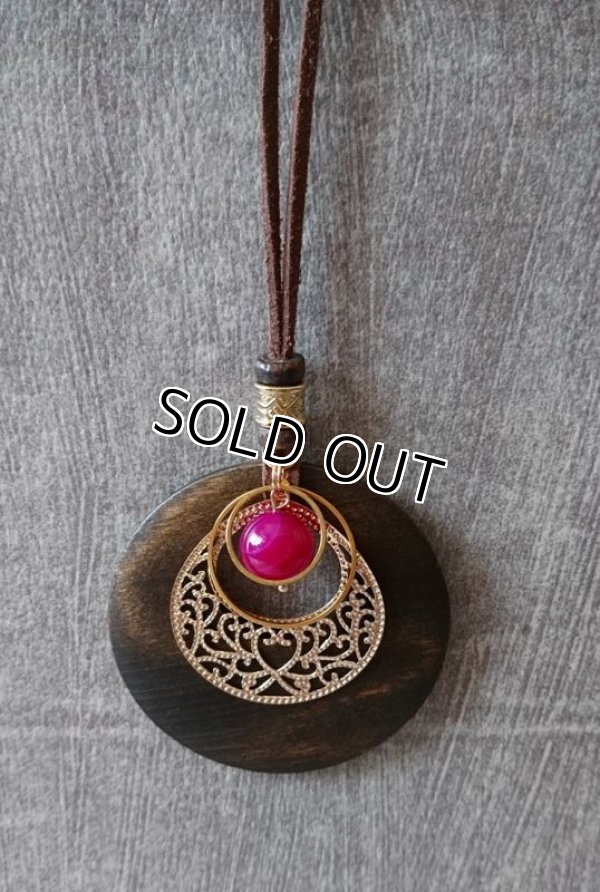 画像3: 【送料無料】【レザーネックレス】◆flower storm◆天然石ピンクストライプアゲート、ウッド＆メタルパーツ使い革紐ロングネックレス（エスニック ボヘミアン パワーストーン）