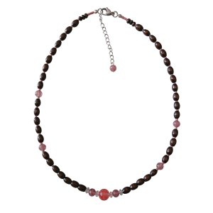 画像: 【送料無料】◆flower storm◆長さ52~57cm 天然石ストロベリークォーツ、水晶＆ライス型ウッドビーズのネックレス Brown×Red アジャスター付 ( パワーストーン 天然木 TOHOビーズ ステンレス アクセサリー 日本製 レディース ） 
