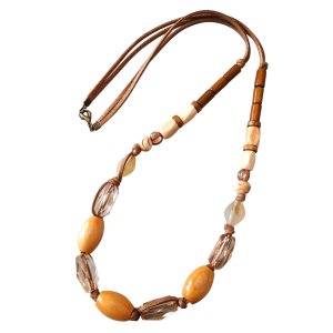画像: 【送料無料】◆flower storm◆長さ約72cm 大振り ウッドとアクリル、水牛ビーズの 革紐ロングネックレス ライトマスタード×ブラウン（アクセサリー レザーネックレス 木製 樹脂 バッファローホーン 天然素材 日本製）