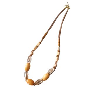 画像: 【送料無料】◆flower storm◆長さ約55cm ウッドとアクリル、水牛ビーズの 革紐ネックレス ライトマスタード×ブラウン（アクセサリー レザーネックレス 木製 樹脂 バッファローホーン 天然素材 日本製）