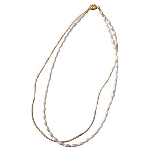 画像: 【送料無料】◆flower storm◆長さ約46cm ホワイトパール＆ゴールドメタルパーツの２連ネックレス  (アクセサリー フェイクパール 真鍮ビーズ TOHOビーズ 日本製 レディース メンズ ）