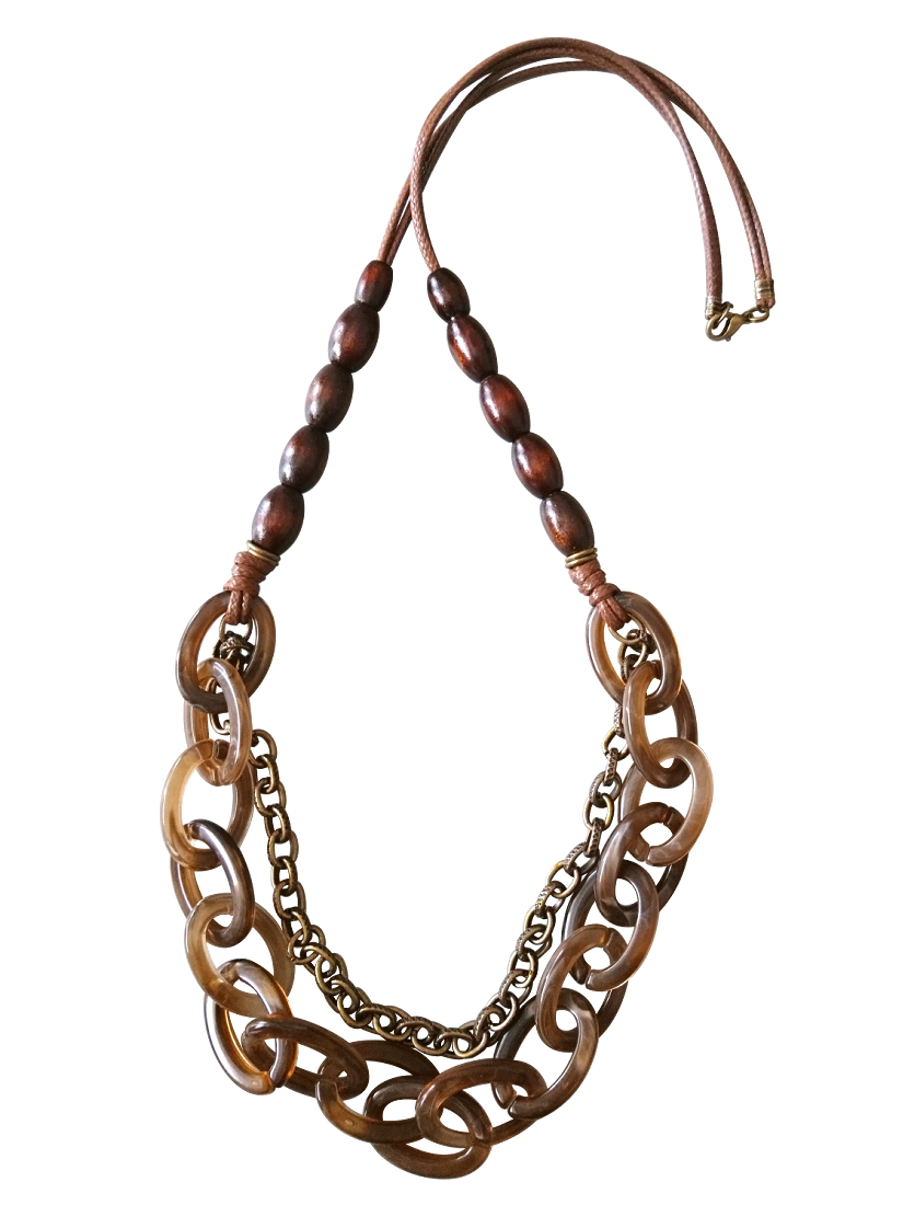 画像1: 【送料無料】◆flower storm◆長さ75cm 大ぶり こっくりブラウンの異素材ロングネックレス ウッド、アクリル、チェーン （アクセサリー 日本製 レディース） 