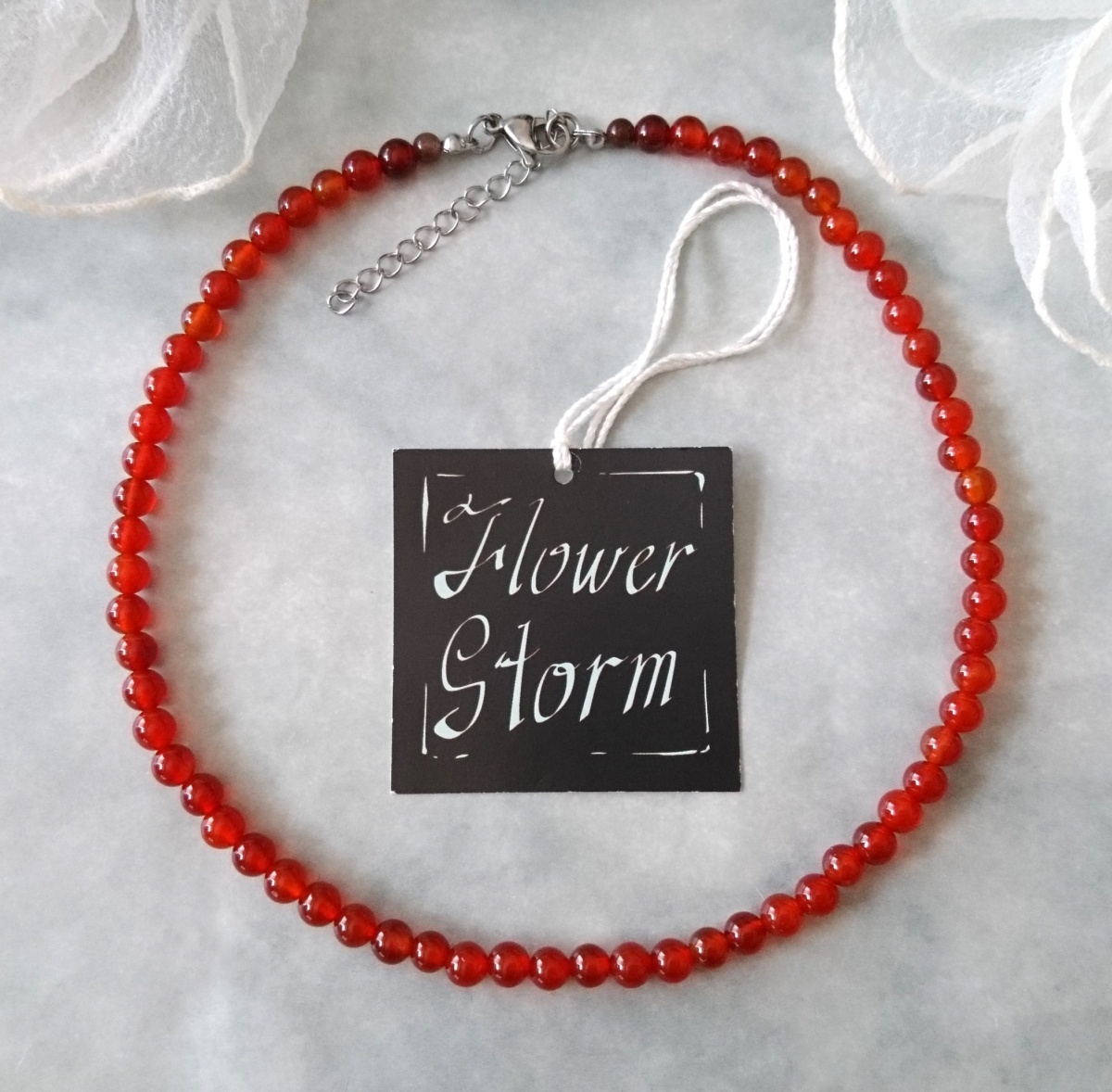 画像2: 【送料無料】◆flower storm◆長さ42~46cm 天然石 カーネリアン6mm ネックレス アジャスター付 (7月誕生石 赤メノウ ステンレス アクセサリー 日本製 メンズ レディース）