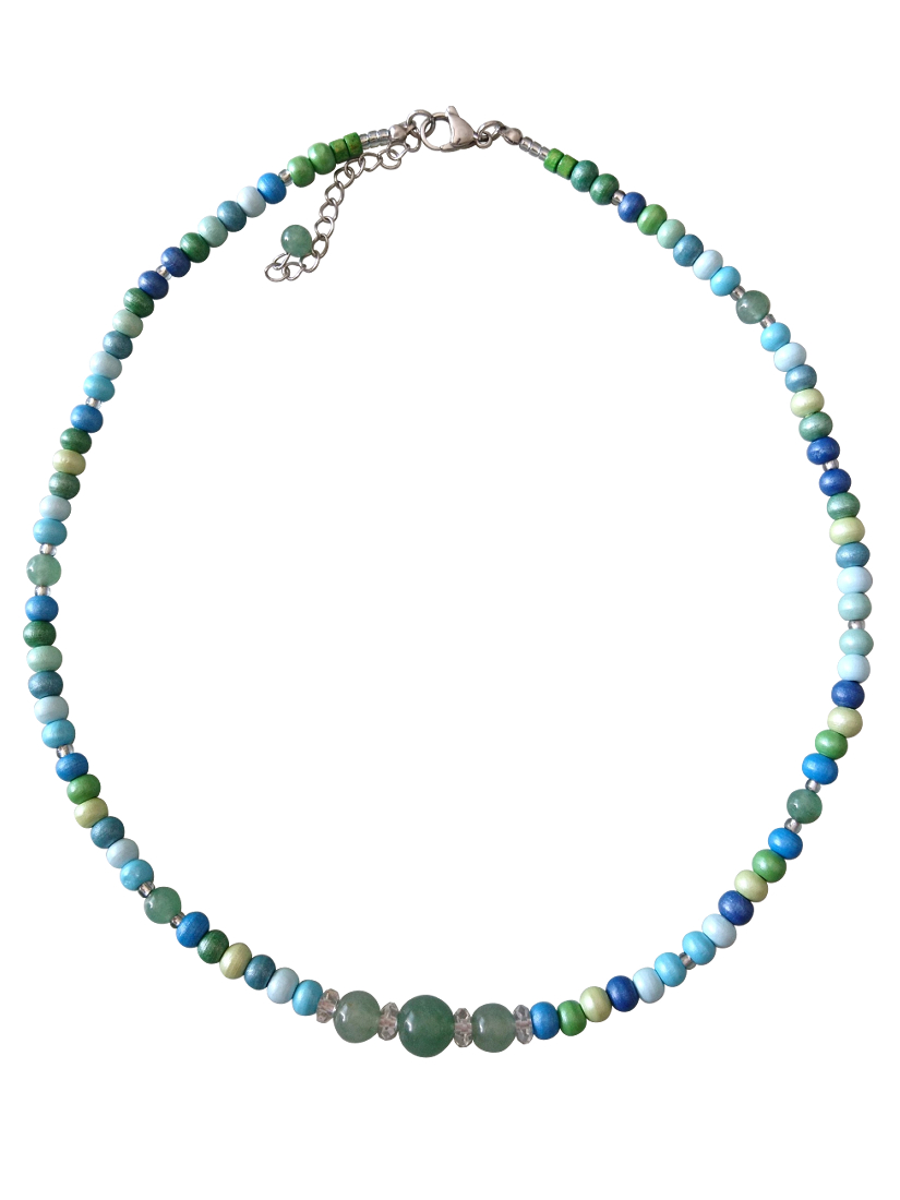 画像1: 【送料無料】◆flower storm◆長さ52~57cm 天然石グリーンアベンチュリン、水晶＆ウッドビーズのネックレス マルチカラーグリーン系 アジャスター付 ( パワーストーン 天然木 TOHOビーズ ステンレス アクセサリー 日本製 メンズ レディース） 