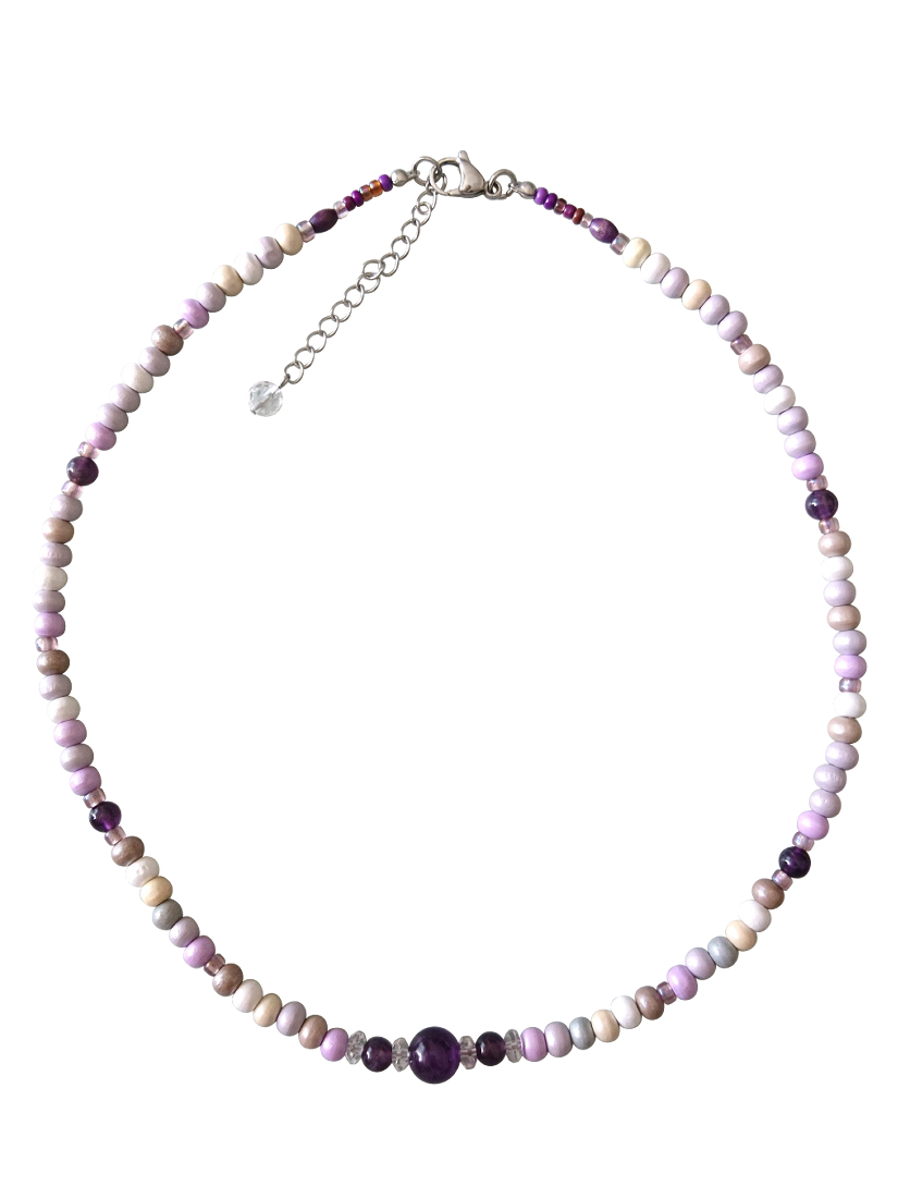 画像: 【送料無料】◆flower storm◆長さ52~57cm 天然石アメジスト、水晶＆ウッドビーズのネックレス マルチカラーパープル系 アジャスター付 ( パワーストーン 2月誕生石 天然木 TOHOビーズ ステンレス アクセサリー 日本製 レディース ）