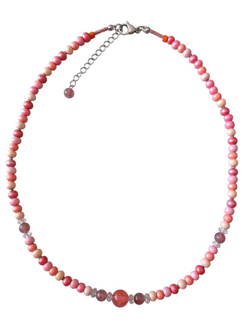 画像1: 【送料無料】◆flower storm◆長さ52~57cm 天然石ストロベリークォーツ、水晶＆ウッドビーズのネックレス マルチカラーレッド ピンク系 アジャスター付 ( パワーストーン 天然木 TOHOビーズ ステンレス アクセサリー 日本製 メンズ レディース）