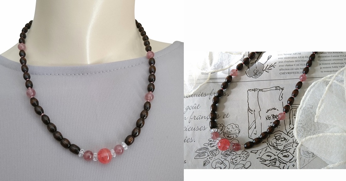 画像8: 【送料無料】◆flower storm◆長さ52~57cm 天然石ストロベリークォーツ、水晶＆ライス型ウッドビーズのネックレス Brown×Red アジャスター付 ( パワーストーン 天然木 TOHOビーズ ステンレス アクセサリー 日本製 レディース ） 