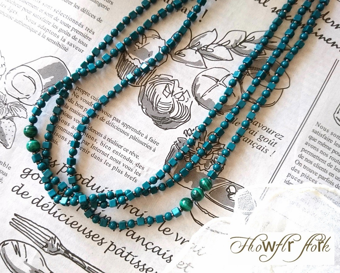 画像6: 【送料無料】◆flower storm◆長さ51~56cm 天然石マラカイトと3種のビーズのティールカラー3連ネックレス  アジャスター付 ( パワーストーン 孔雀石 アクリル TOHO 真鍮 ステンレス アクセサリー 日本製 レディース ）