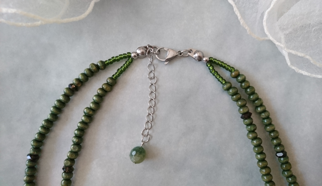 画像: 【送料無料】◆flower storm◆長さ59~64cm 天然石モスアゲート（苔瑪瑙）、スモーキークォーツとウッドビーズの２連ネックレス  アジャスター付 ( パワーストーン 苔めのう 煙水晶 木製 TOHO ステンレス アクセサリー 日本製 ）