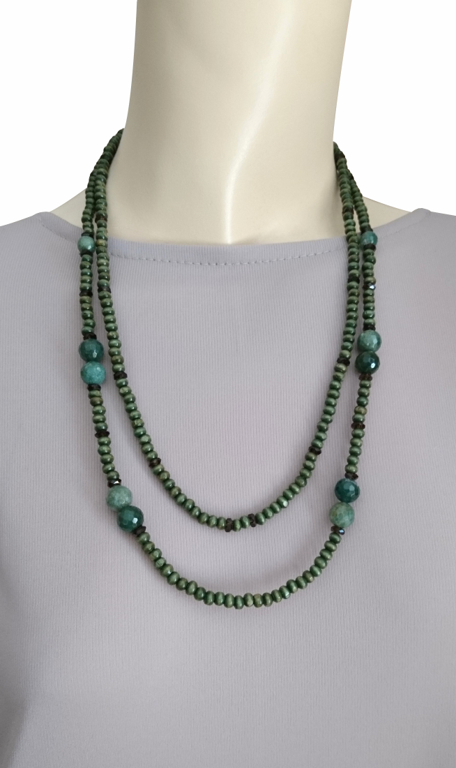 画像2: 【送料無料】◆flower storm◆長さ59~64cm 天然石モスアゲート（苔瑪瑙）、スモーキークォーツとウッドビーズの２連ネックレス  アジャスター付 ( パワーストーン 苔めのう 煙水晶 木製 TOHO ステンレス アクセサリー 日本製 ）