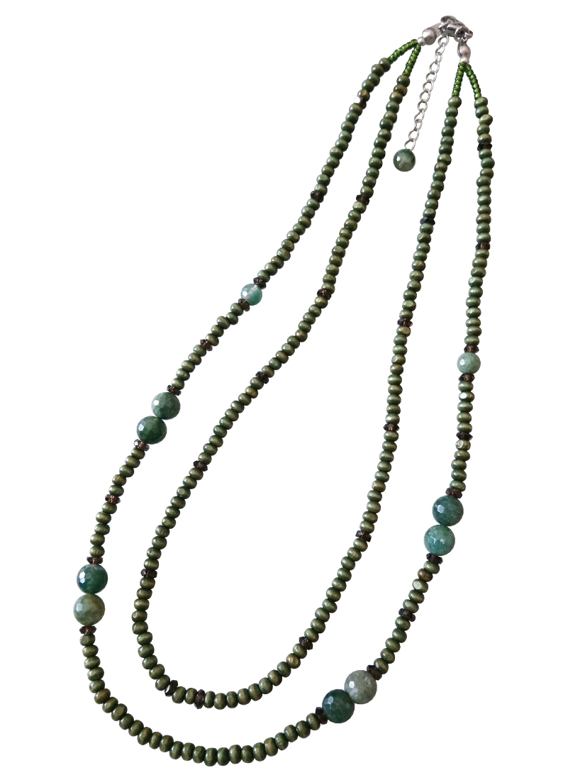 画像: 【送料無料】◆flower storm◆長さ59~64cm 天然石モスアゲート（苔瑪瑙）、スモーキークォーツとウッドビーズの２連ネックレス  アジャスター付 ( パワーストーン 苔めのう 煙水晶 木製 TOHO ステンレス アクセサリー 日本製 ）