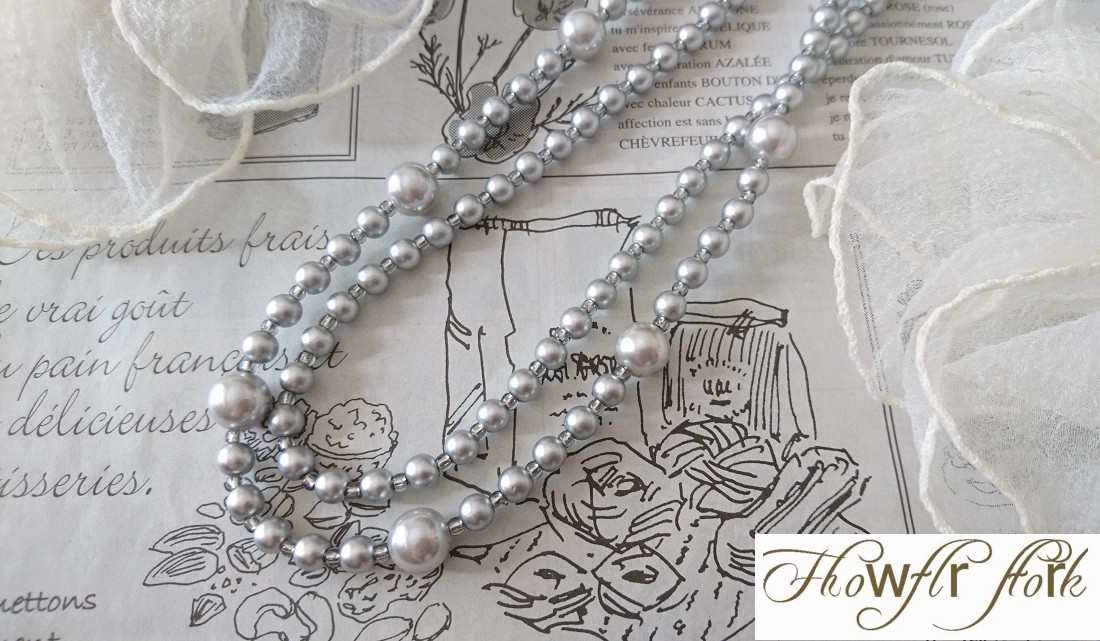 画像4: 【送料無料】◆flower storm◆長さ51~56cm アンティークシルバーの10mm玉樹脂パール＆2種のビーズの２連ネックレス アジャスター付 ( アクセサリー TOHOビーズ ステンレス 日本製 ）