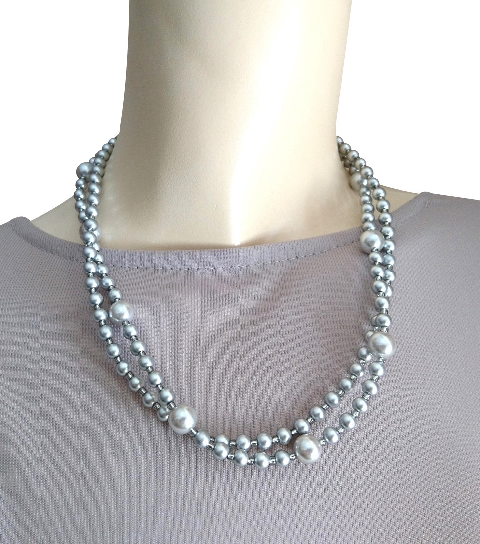 画像: 【送料無料】◆flower storm◆長さ51~56cm アンティークシルバーの10mm玉樹脂パール＆2種のビーズの２連ネックレス アジャスター付 ( アクセサリー TOHOビーズ ステンレス 日本製 ）