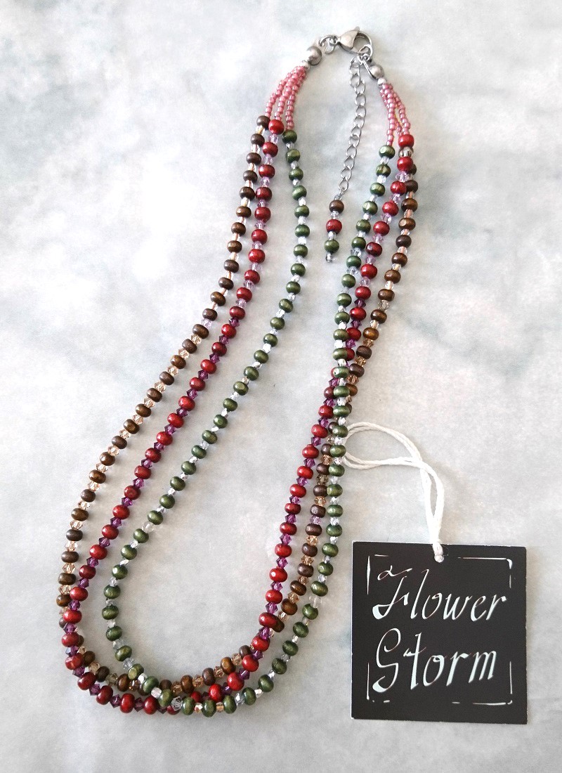 画像7: 【送料無料】◆flower storm◆長さ51~56cm マルチカラー ウッド＆スワロフスキービーズ3連ネックレス アジャスター付 (アクセサリー 木製 スワロ SWAROVSKI  ラインストーン TOHOビーズ ステンレス 日本製 ）