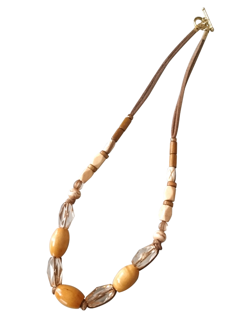 画像: 【送料無料】◆flower storm◆長さ約55cm ウッドとアクリル、水牛ビーズの 革紐ネックレス ライトマスタード×ブラウン（アクセサリー レザーネックレス 木製 樹脂 バッファローホーン 天然素材 日本製）