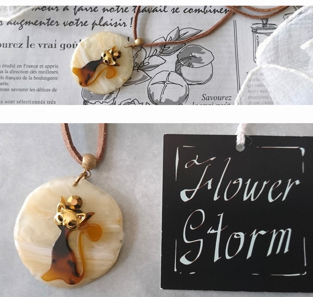 画像5: 【送料無料】【レザーネックレス】◆flower storm◆ 仮面をつけた猫＆猫フェイス 革紐ロングネックレス べっ甲調 2種（ アクセサリー ねこ キャット 日本製）