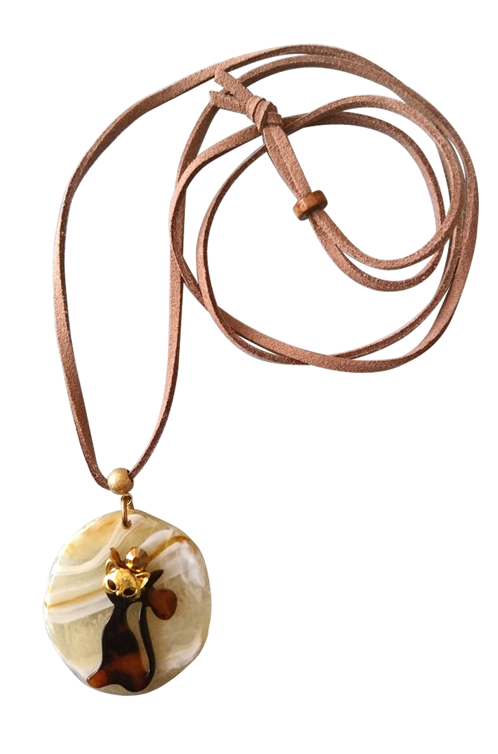 画像: 【送料無料】【レザーネックレス】◆flower storm◆ 仮面をつけた猫＆猫フェイス 革紐ロングネックレス べっ甲調 2種（ アクセサリー ねこ キャット 日本製）