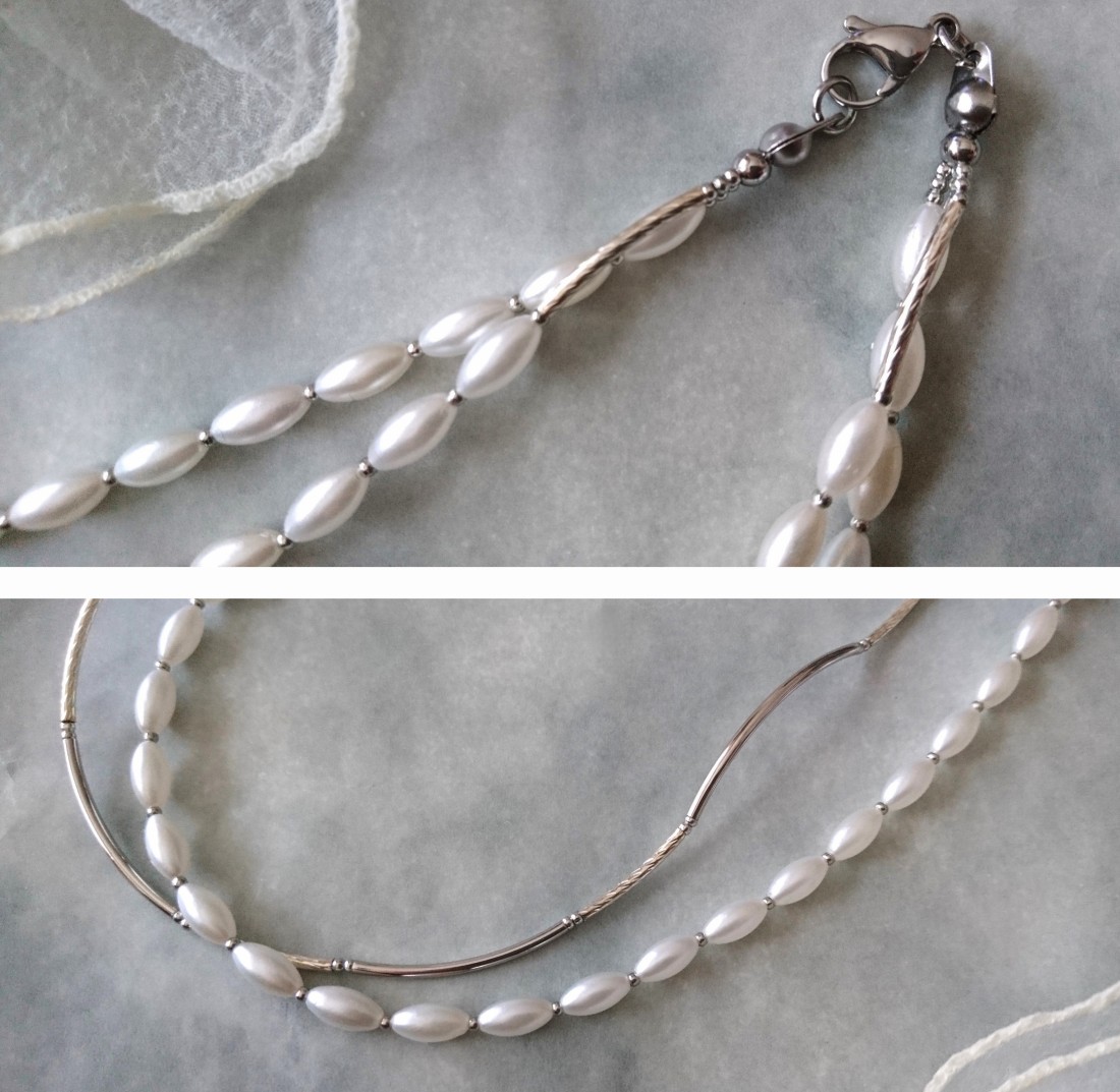 画像8: 【送料無料】◆flower storm◆長さ約46cm ホワイトパール＆シルバーメタルパーツの２連ネックレス  (アクセサリー フェイクパール 真鍮製 ステンレス製 レディース メンズ 日本製）