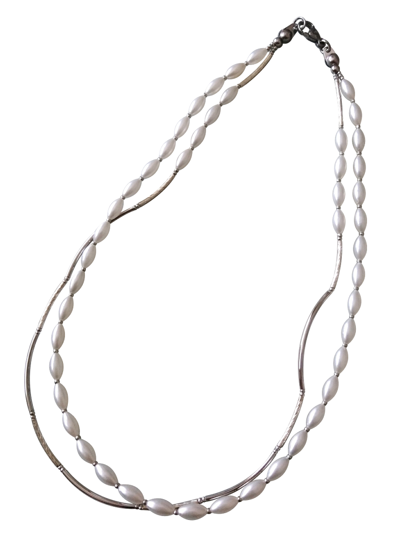 画像: 【送料無料】◆flower storm◆長さ約46cm ホワイトパール＆シルバーメタルパーツの２連ネックレス  (アクセサリー フェイクパール 真鍮製 ステンレス製 レディース メンズ 日本製）