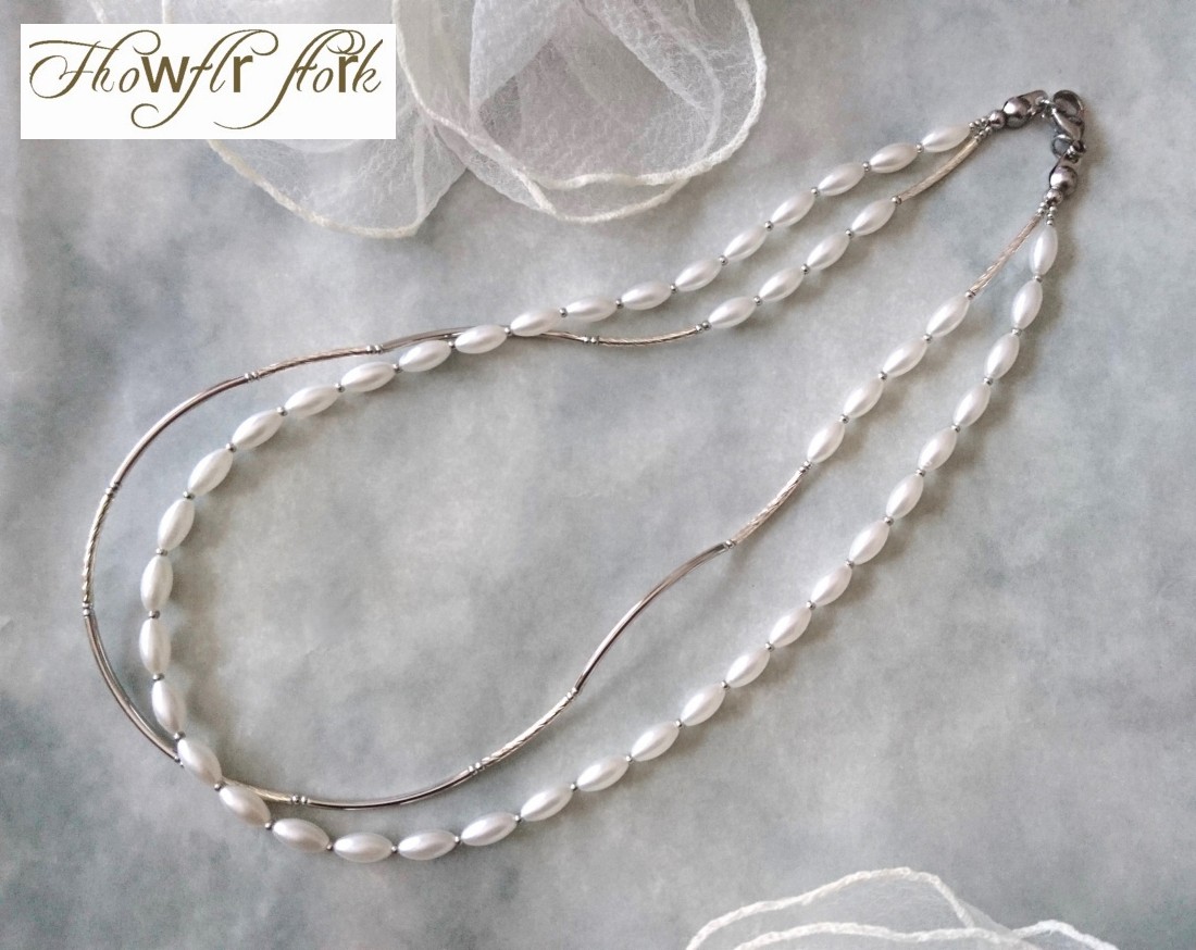 画像: 【送料無料】◆flower storm◆長さ約46cm ホワイトパール＆シルバーメタルパーツの２連ネックレス  (アクセサリー フェイクパール 真鍮製 ステンレス製 レディース メンズ 日本製）