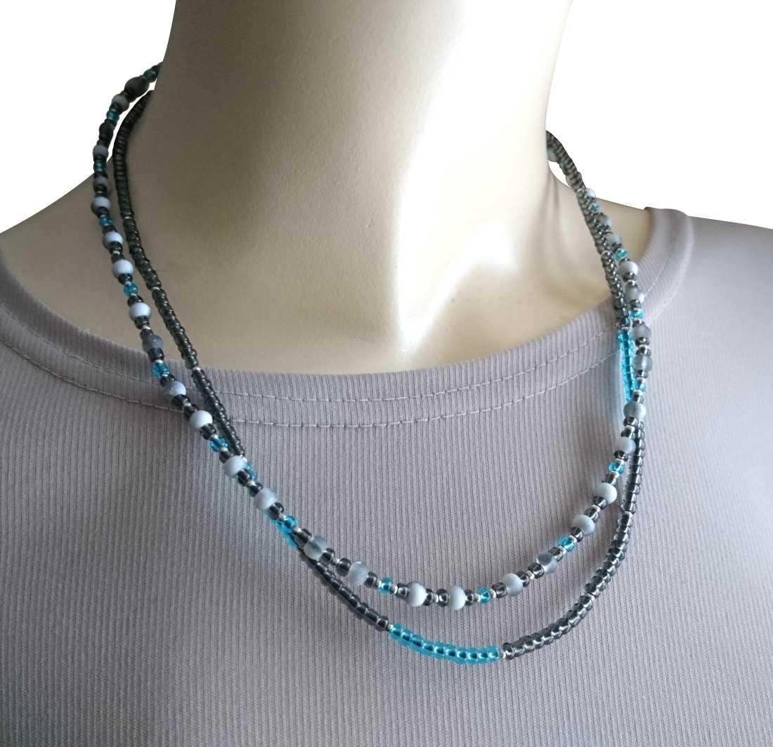 画像6:  【送料無料】◆flower storm◆長さ46cm グレー×濃ブルーのビーズ2連ネックレス ( アクセサリー ガラス製 真鍮製 ステンレス製 変色防止 レディース メンズ 日本製)