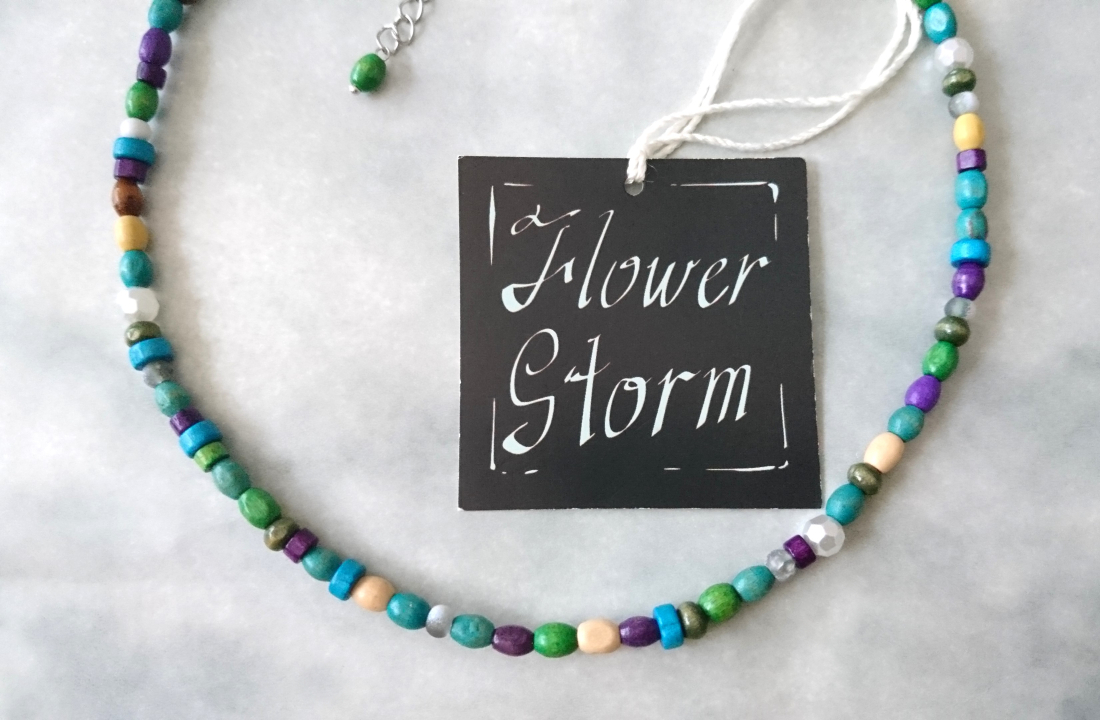 画像3:  【送料無料】◆flower storm◆（長さ42cm~47cm）マルチカラーウッドwithパールのビーズネックレス green系 ステンレス製留め具(木製 ABS 変色防止 アレルギー対応 ニッケルフリー 日本製)